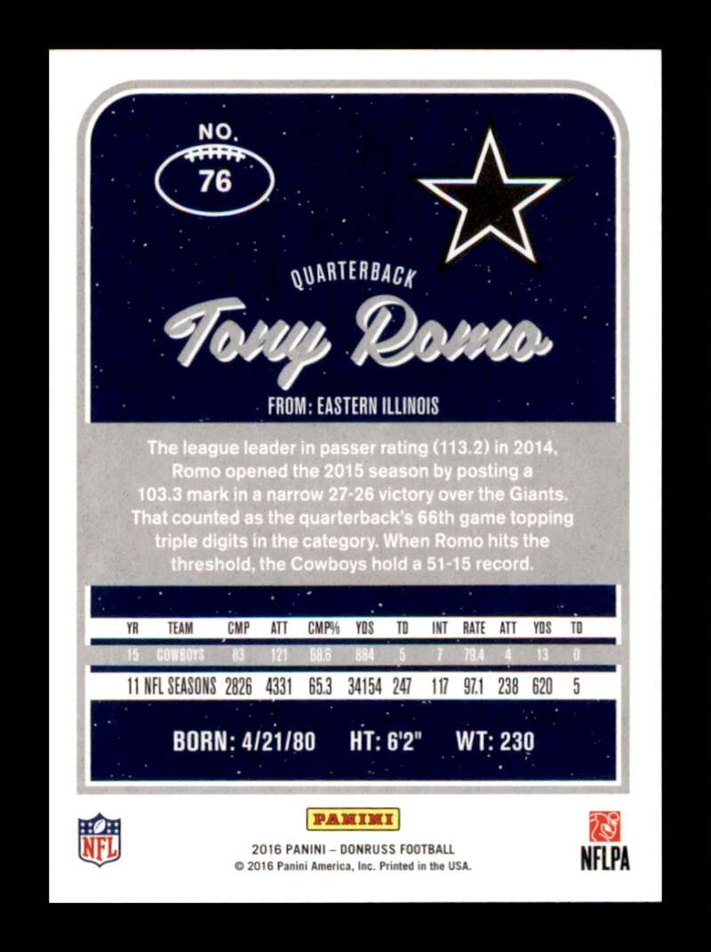 Load image into Gallery viewer, 2016 Donruss Tony Romo #76 Dallas Cowboys Image 2
