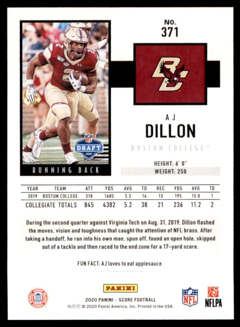 Load image into Gallery viewer, 2020 Score Yellow AJ Dillon #371 Rookie RC Boston College Eagles Image 2
