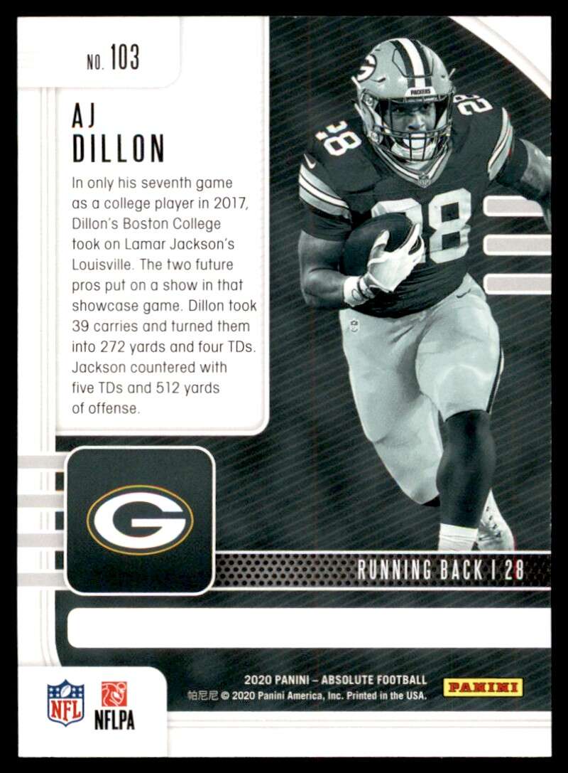 Load image into Gallery viewer, 2020 Panini Absolute AJ Dillon #103 Rookie RC Green Bay Packers Image 2
