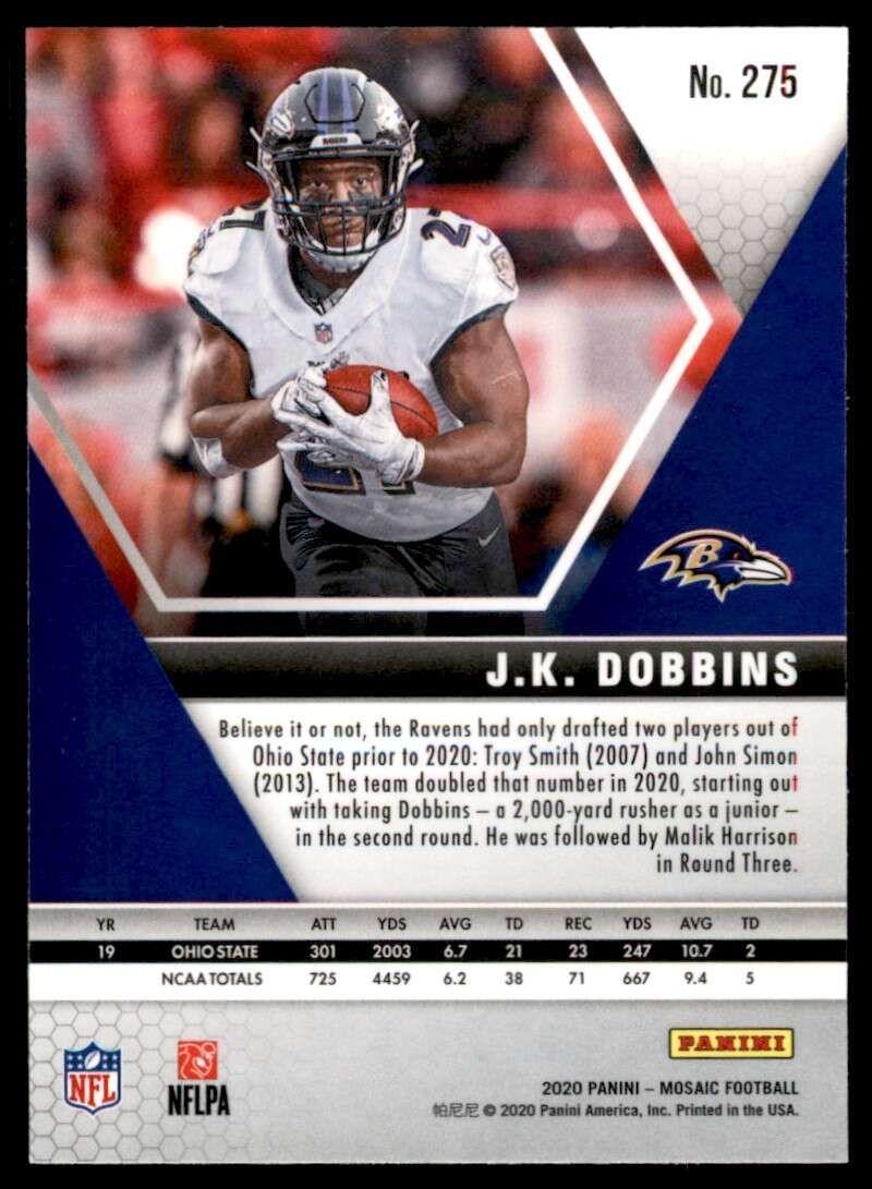 Load image into Gallery viewer, 2020 Panini Mosaic J.K. Dobbins #275 Rookie RC Baltimore Ravens Image 2
