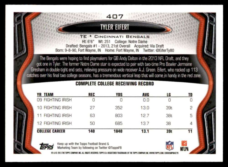 Load image into Gallery viewer, 2013 Topps Tyler Eifert #407 Rookie RC Cincinnati Bengals Image 2
