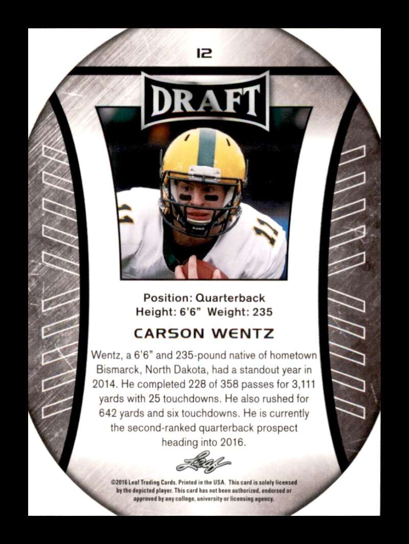 Load image into Gallery viewer, 2016 Leaf Draft Carson Wentz #12 Rookie RC North Dakota State Bison Image 2
