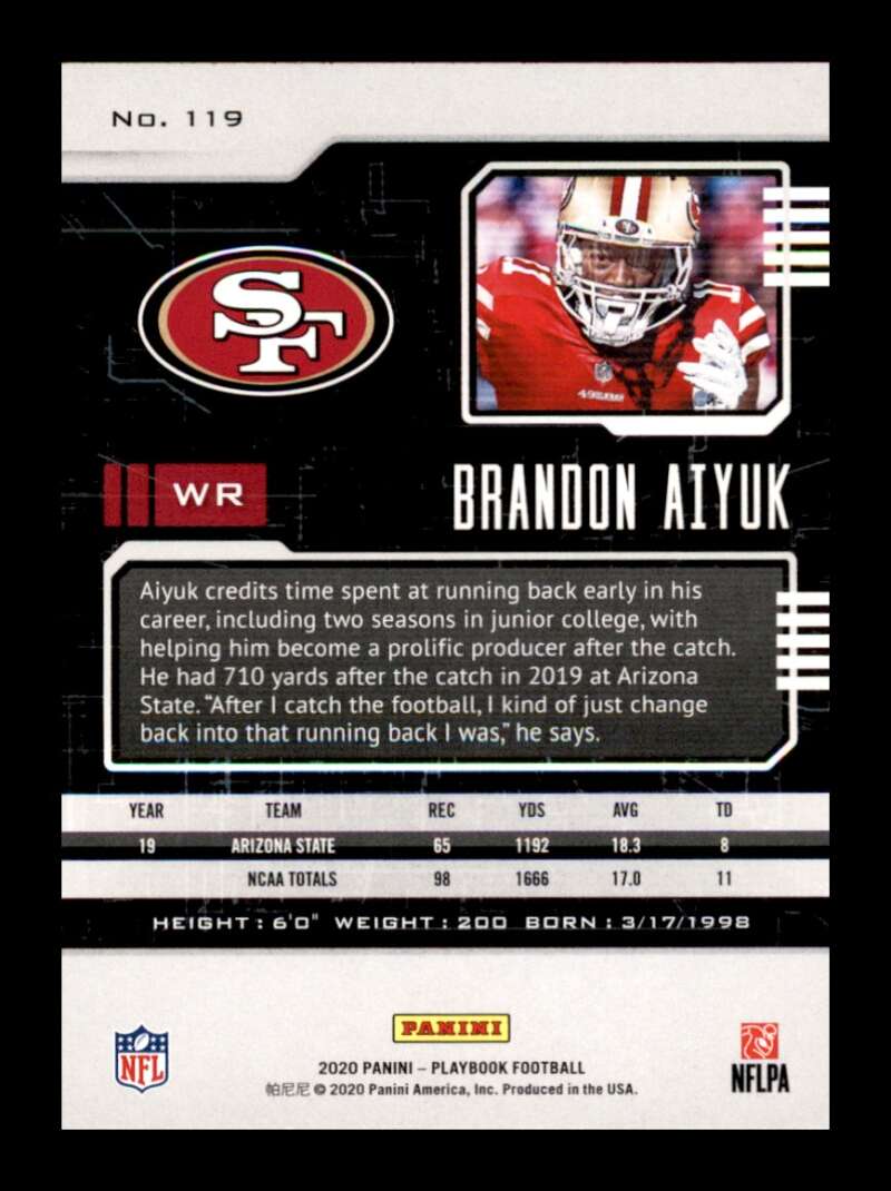 Load image into Gallery viewer, 2020 Panini Playbook Brandon Aiyuk #119 Rookie RC San Francisco 49ers Image 2
