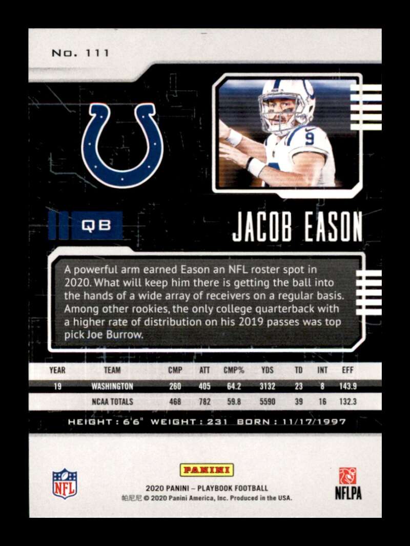 Load image into Gallery viewer, 2020 Panini Playbook Jacob Eason #111 Rookie RC Indianapolis Colts Image 2
