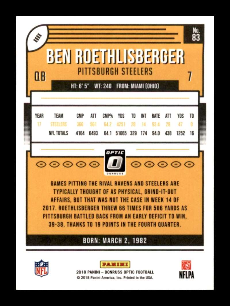 Load image into Gallery viewer, 2018 Donruss Optic Ben Roethlisberger #83 Pittsburgh Steelers Image 2
