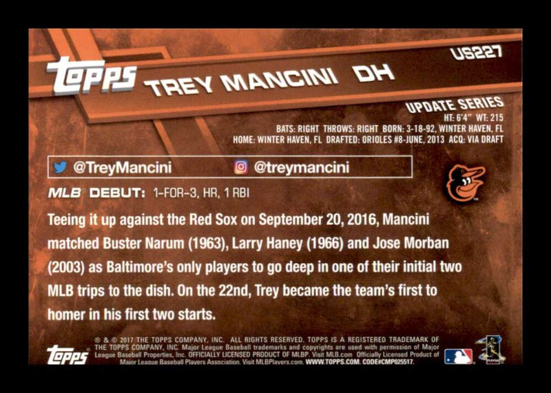 Load image into Gallery viewer, 2017 Topps Update Trey Mancini #US227 Rookie RC Baltimore Orioles Image 2
