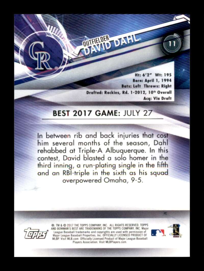 Load image into Gallery viewer, 2017 Bowman&#39;s Best David Dahl #11 Rookie RC Colorado Rockies Image 2
