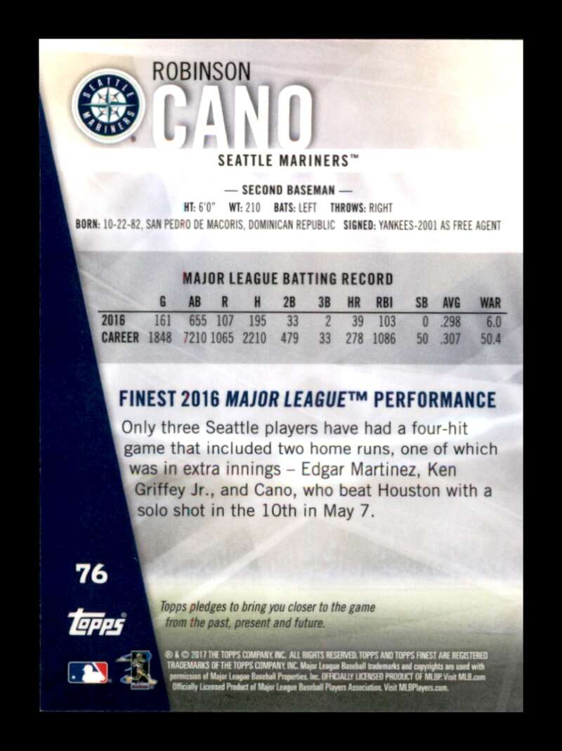 Load image into Gallery viewer, 2017 Topps Finest Refractor Robinson Cano #76 SP Seattle Mariners Image 2
