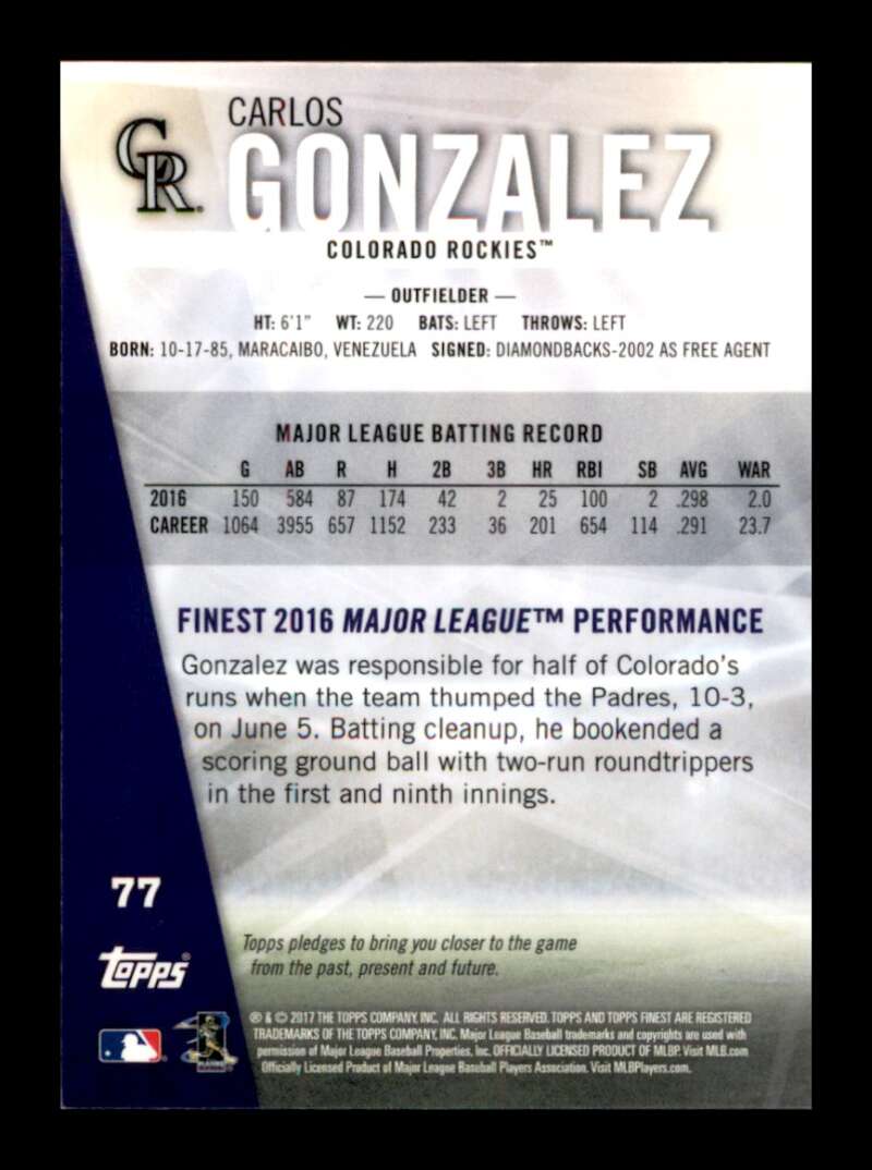 Load image into Gallery viewer, 2017 Topps Finest Refractor Carlos Gonzalez #77 SP Colorado Rockies Image 2
