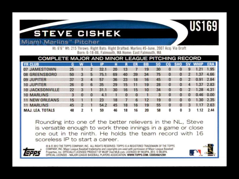 Load image into Gallery viewer, 2012 Topps Update Walmart Blue Steve Cishek #US169 SP Miami Marlins Image 2
