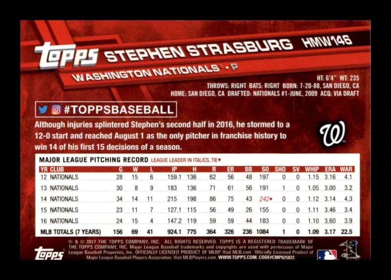 Load image into Gallery viewer, 2017 Topps Holiday Stephen Strasburg #HMW146 Washington Nationals Image 2
