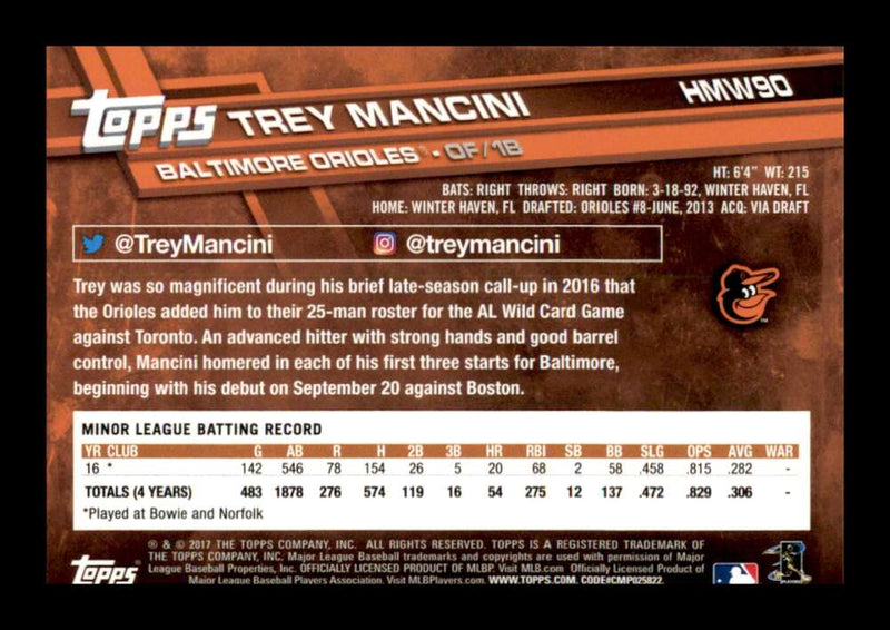 Load image into Gallery viewer, 2017 Topps Holiday Trey Mancini #HMW90 Rookie RC Baltimore Orioles Image 2
