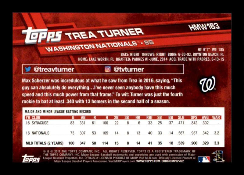 Load image into Gallery viewer, 2017 Topps Holiday Trea Turner #HMW163 Washington Nationals Image 2
