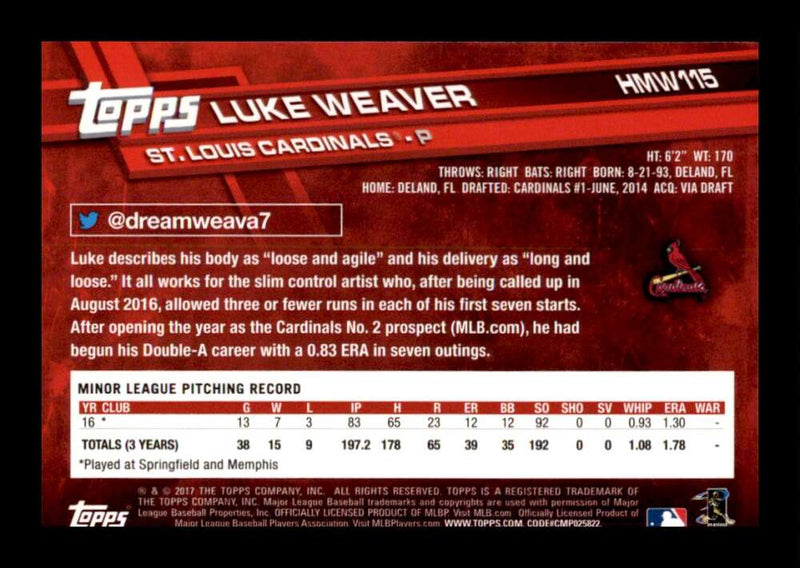 Load image into Gallery viewer, 2017 Topps Holiday Luke Weaver #HMW115 Rookie RC St. Louis Cardinals Image 2
