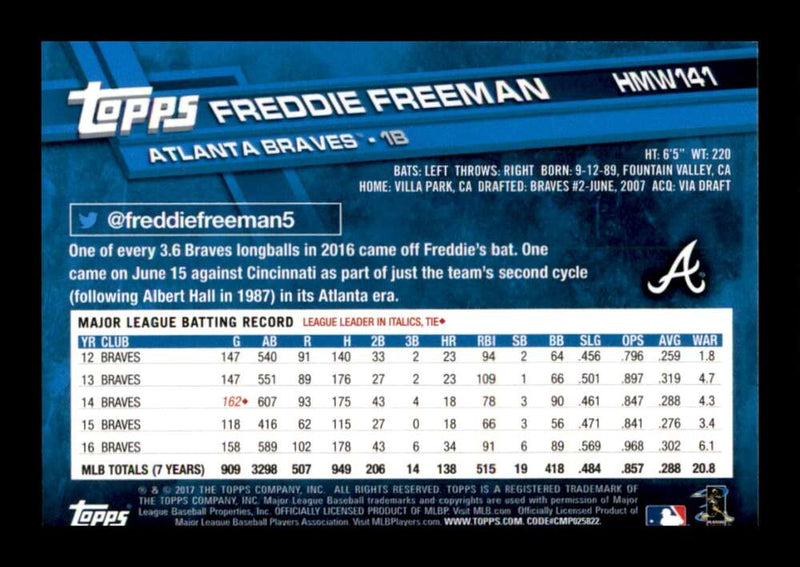 Load image into Gallery viewer, 2017 Topps Holiday Freddie Freeman #HMW141 Atlanta Braves Image 2
