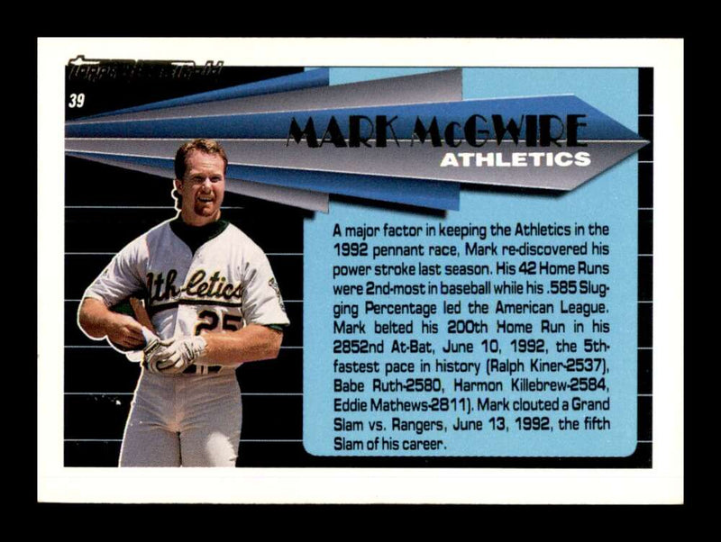 Load image into Gallery viewer, 1993 Topps Black Gold Mark McGwire #39 Oakland Athletics Image 2
