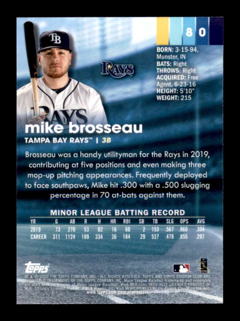 Load image into Gallery viewer, 2020 Topps Stadium Club Chrome Mike Brosseau #80 Rookie RC Tampa Bay Rays Image 2
