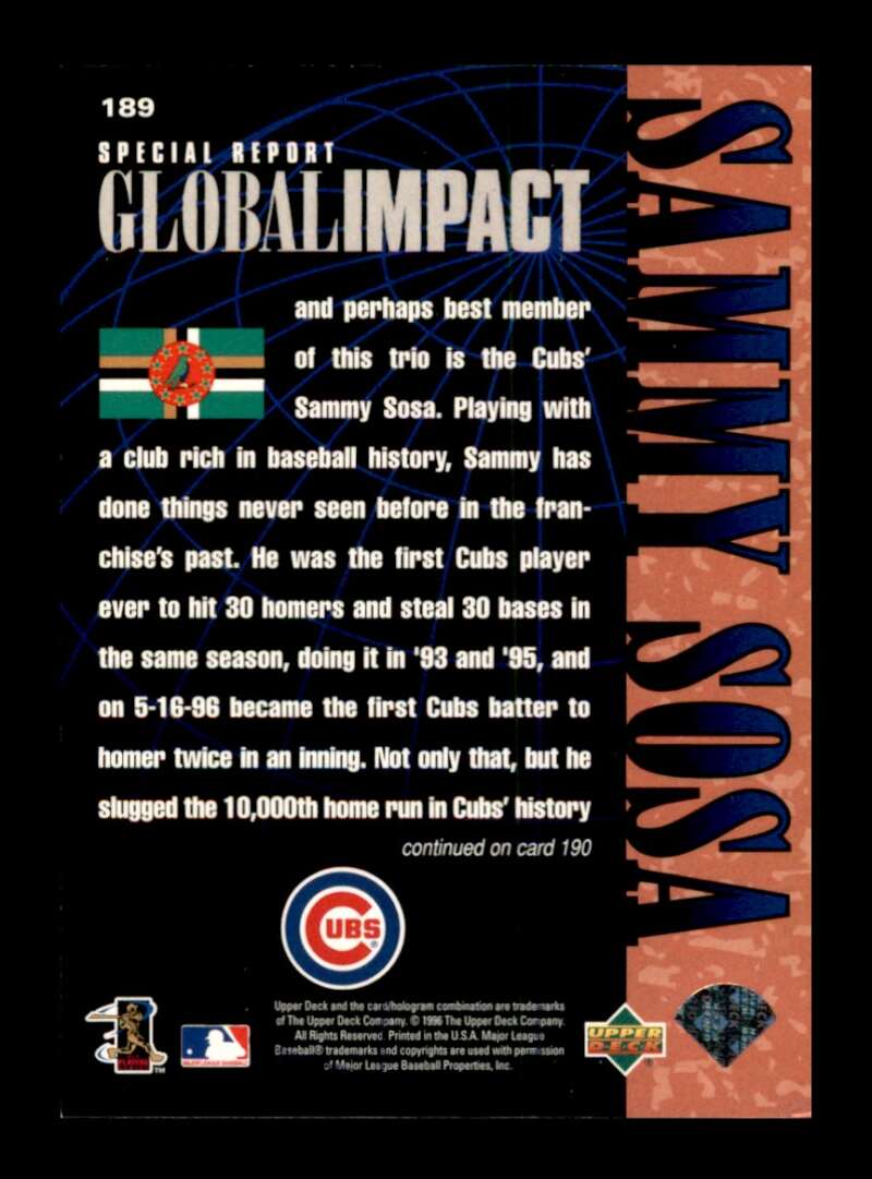 Load image into Gallery viewer, 1997 Upper Deck Sammy Sosa #189 Chicago Cubs Image 2
