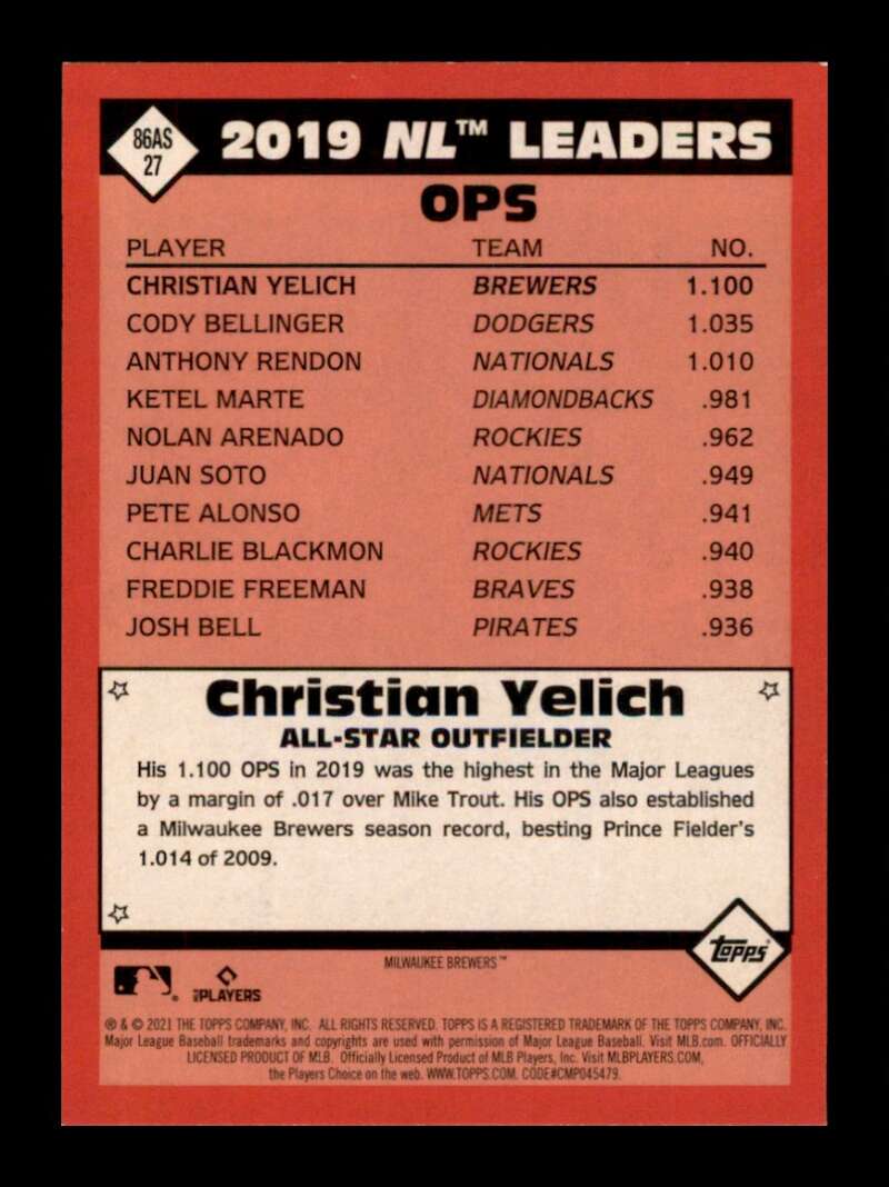 Load image into Gallery viewer, 2021 Topps 1986 All-Star 35th Anniversary Christian Yelich #86AS 27 Brewers Image 2
