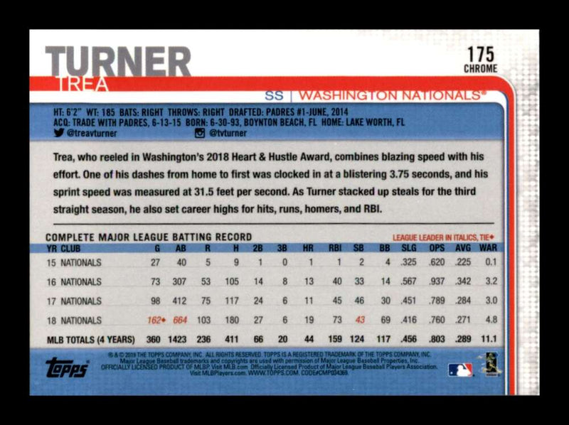 Load image into Gallery viewer, 2019 Topps Chrome Trea Turner #175 Washington Nationals Image 2
