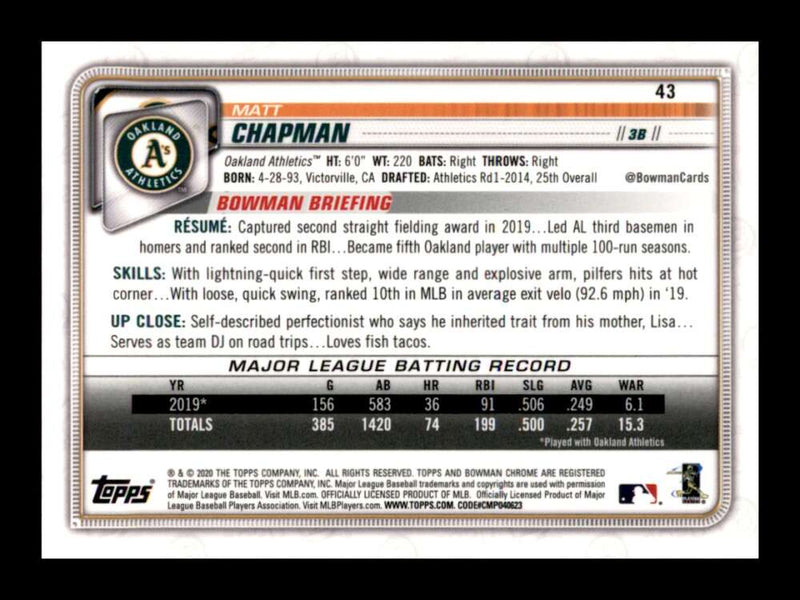 Load image into Gallery viewer, 2020 Bowman Chrome Matt Chapman #43 Oakland Athletics Image 2
