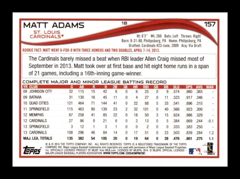 Load image into Gallery viewer, 2014 Topps Matt Adams #157 St. Louis Cardinals Image 2
