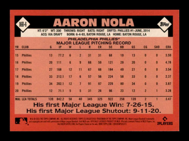 Load image into Gallery viewer, 2021 Topps 1986 Baseball 35th Anniversary Aaron Nola #86B-6 Phillies Image 2
