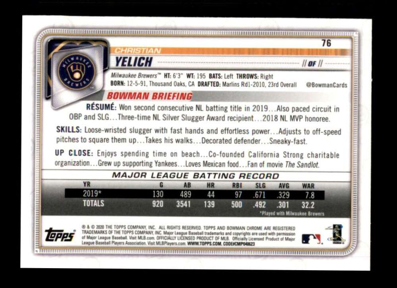 Load image into Gallery viewer, 2020 Bowman Chrome Christian Yelich #76 Milwaukee Brewers Image 2
