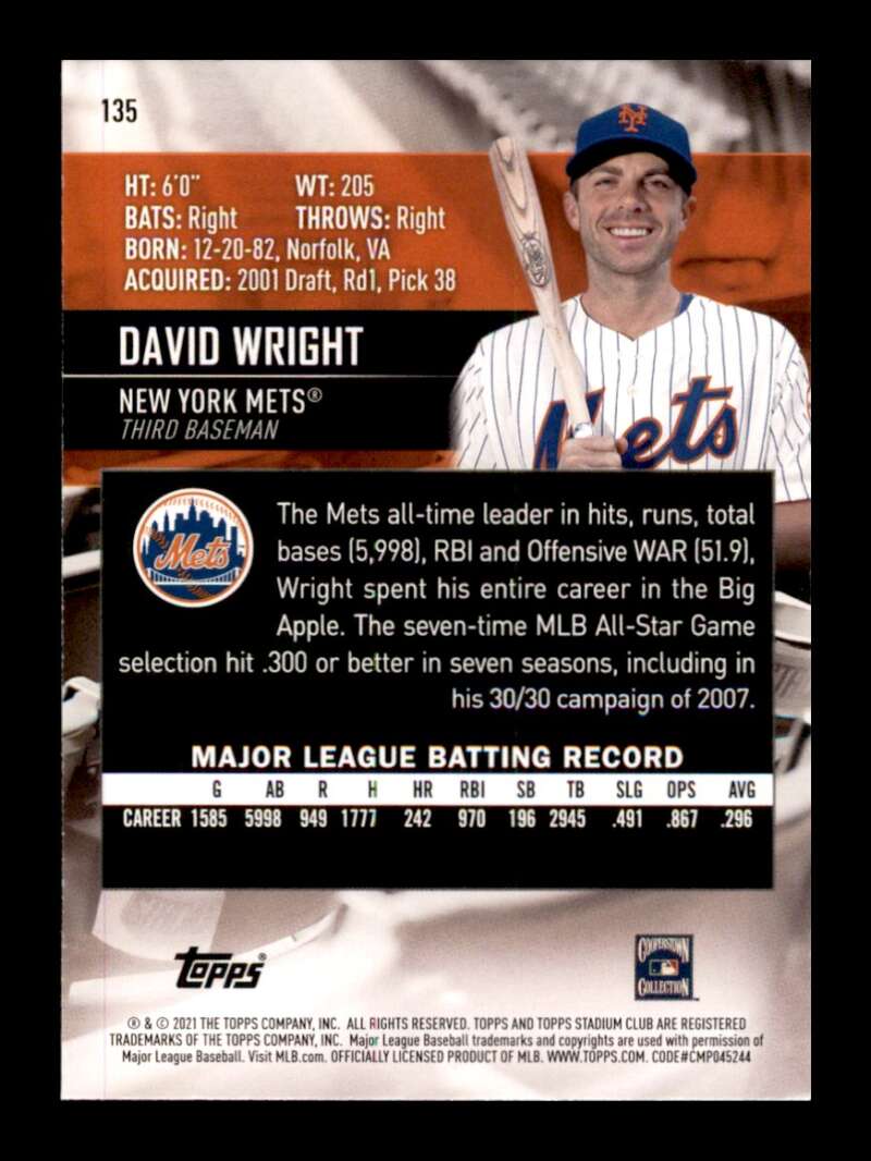 Load image into Gallery viewer, 2021 Topps Stadium Club David Wright #135 New York Mets Image 2
