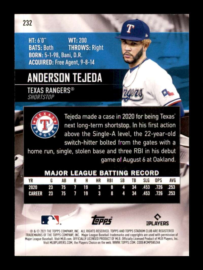 Load image into Gallery viewer, 2021 Topps Stadium Club Anderson Tejeda #232 Rookie RC Texas Rangers Image 2
