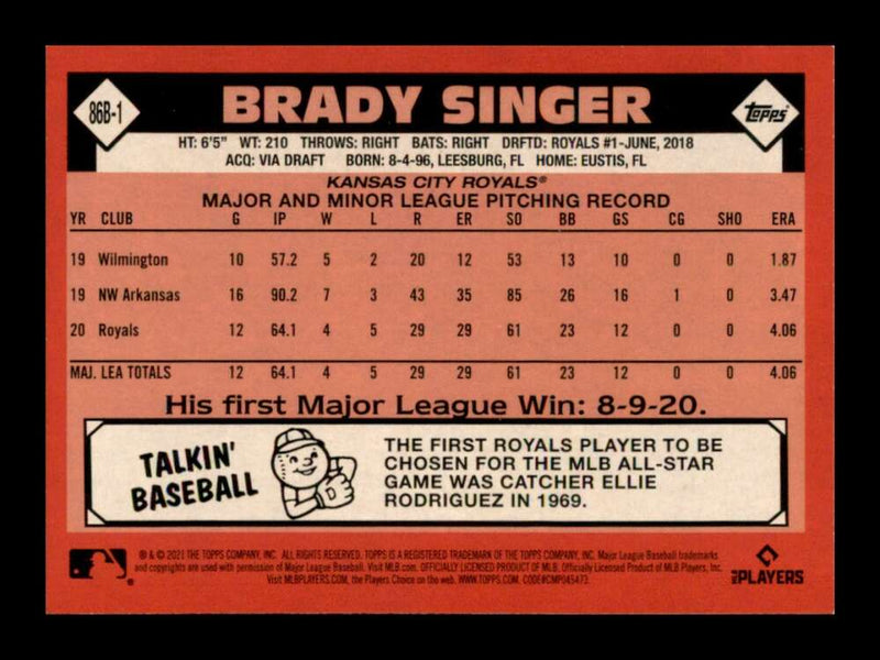 Load image into Gallery viewer, 2021 Topps 1986 Baseball 35th Anniversary Brady Singer #86B-1 Rookie RC Royals Image 2
