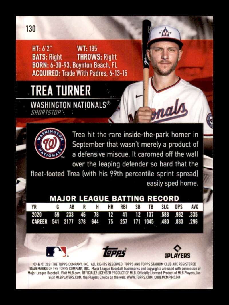 Load image into Gallery viewer, 2021 Topps Stadium Club Trea Turner #130 Washington Nationals Image 2
