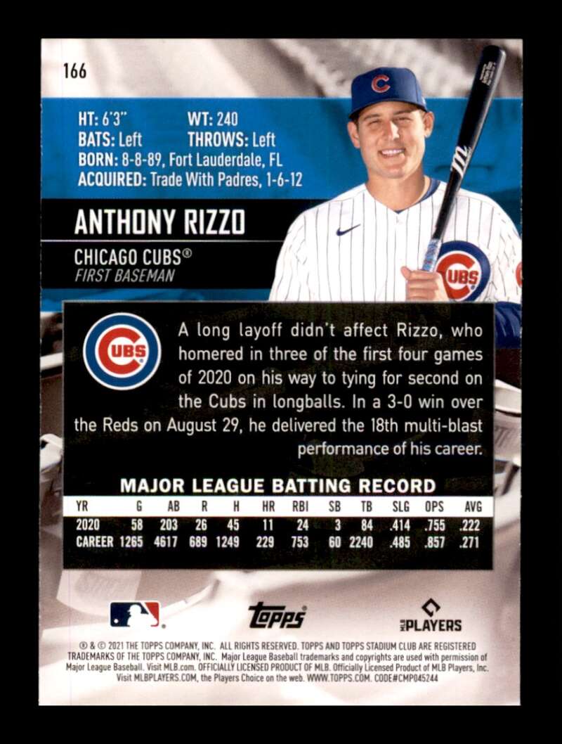 Load image into Gallery viewer, 2021 Topps Stadium Club Anthony Rizzo #166 Chicago Cubs Image 2
