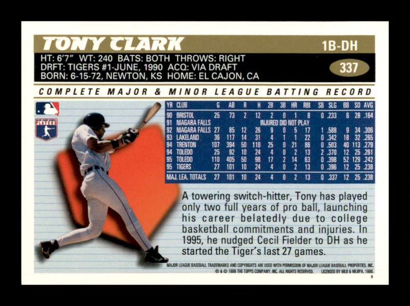 Load image into Gallery viewer, 1996 Topps Tony Clark #337 Detroit Tigers Image 2
