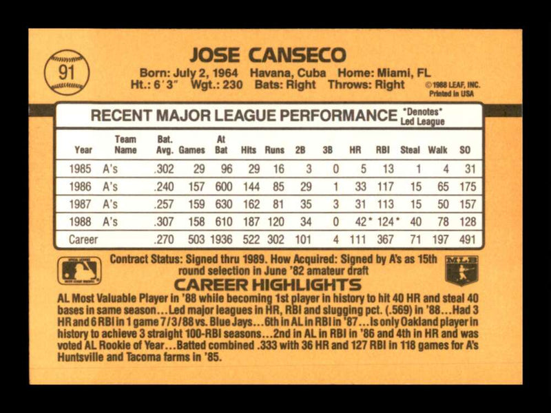 Load image into Gallery viewer, 1989 Donruss Jose Canseco #91 Oakland Athletics Image 2
