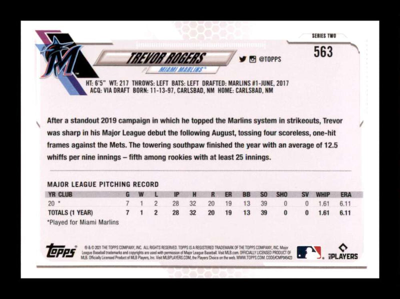 Load image into Gallery viewer, 2021 Topps Series 2 Trevor Rogers #563 Rookie RC Miami Marlins Image 2
