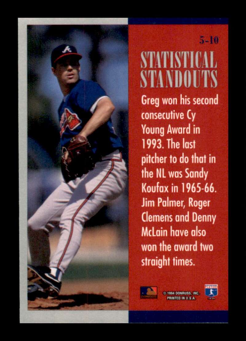 Load image into Gallery viewer, 1994 Donruss Statistical Standouts Greg Maddux #45056 Atlanta Braves Image 2
