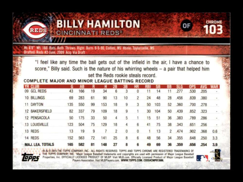 Load image into Gallery viewer, 2015 Topps Chrome Billy Hamilton #103 Gold Rookie Cup Cincinnati Reds Image 2
