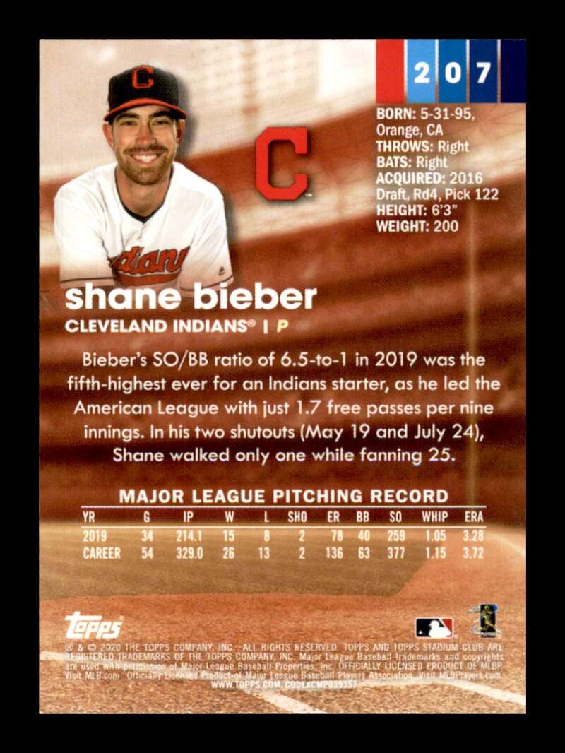 Load image into Gallery viewer, 2020 Topps Stadium Club Shane Bieber #207 Cleveland Indians Image 2
