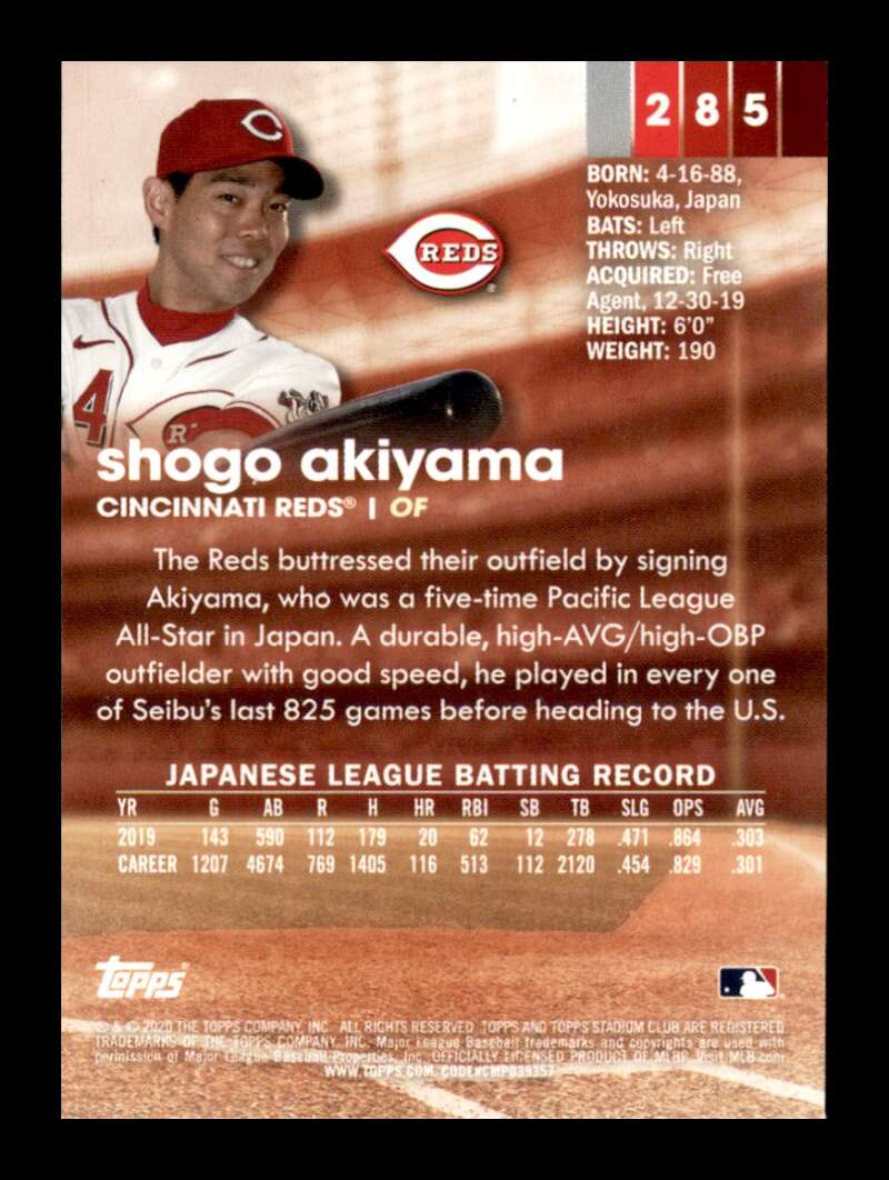 Load image into Gallery viewer, 2020 Topps Stadium Club Shogo Akiyama #285 Rookie RC Cincinnati Reds Image 2
