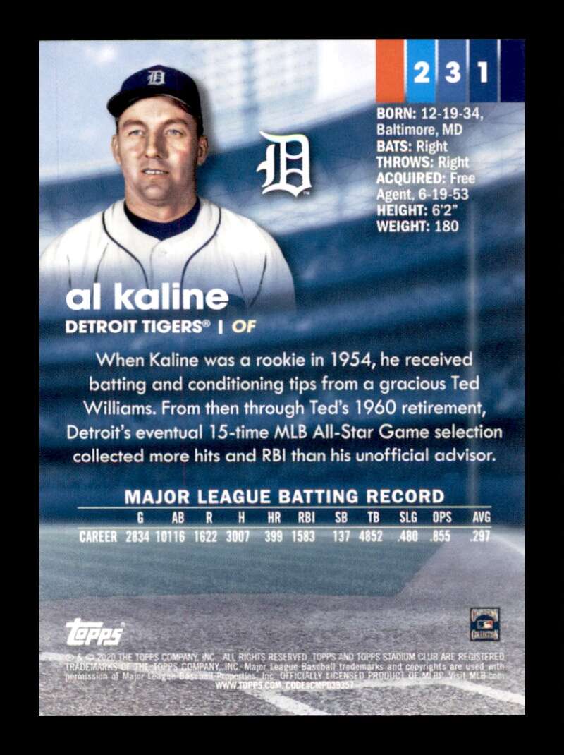 Load image into Gallery viewer, 2020 Topps Stadium Club Al Kaline #231 Detroit Tigers Image 2
