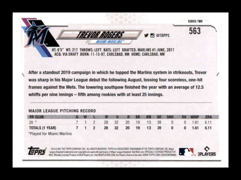 Load image into Gallery viewer, 2021 Topps Series 2 Trevor Rogers #563 Rookie RC Miami Marlins Image 2
