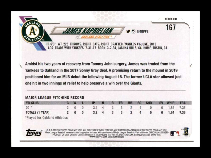 Load image into Gallery viewer, 2021 Topps James Kaprielian #167 Rookie RC Oakland Athletics Image 2
