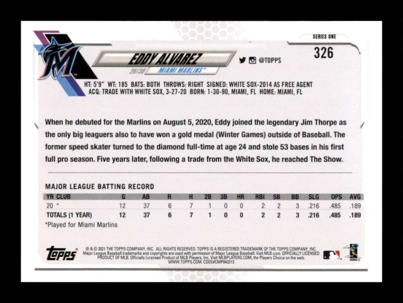 Load image into Gallery viewer, 2021 Topps Eddy Alvarez #326 Rookie RC Miami Marlins Image 2
