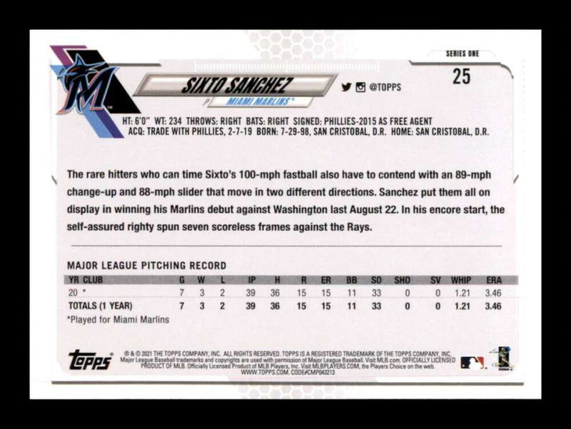 Load image into Gallery viewer, 2021 Topps Sixto Sanchez #25 Rookie RC Miami Marlins Image 2
