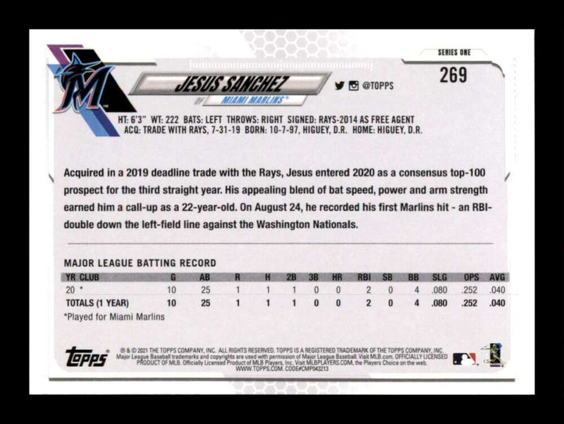 Load image into Gallery viewer, 2021 Topps Jesus Sanchez #269 Rookie RC Miami Marlins Image 2
