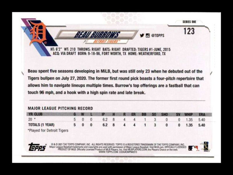 Load image into Gallery viewer, 2021 Topps Beau Burrows #123 Rookie RC Detroit Tigers Image 2
