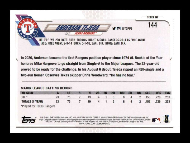 Load image into Gallery viewer, 2021 Topps Anderson Tejeda #144 Rookie RC Texas Rangers Image 2
