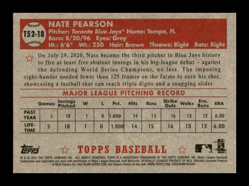 Load image into Gallery viewer, 2021 Topps 1952 Redux Nate Pearson #T52-18 Toronto Blue Jays Image 2
