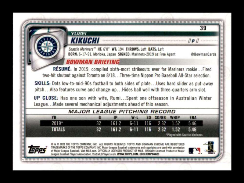 Load image into Gallery viewer, 2020 Bowman Chrome Yusei Kikuchi #39 Seattle Mariners Image 2
